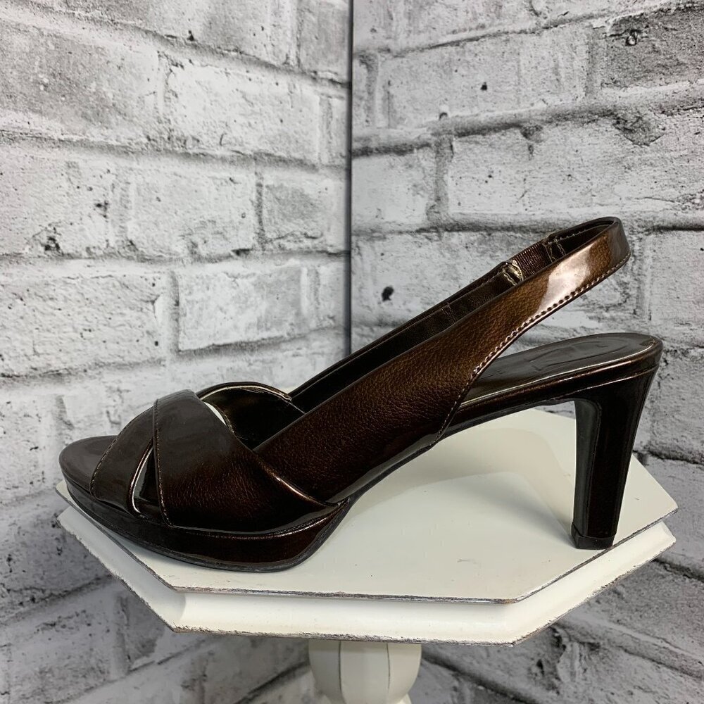Etienne Aigner Ophelia Open Toe Sling Back Brown Patent Faux Leather Sandals